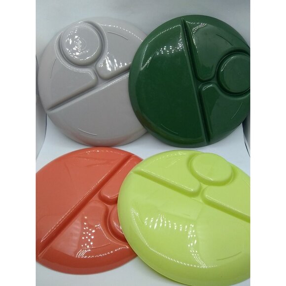 Vtg.Set USA 4 Avocado Lime Orange Gray Plastic Sectional Picnic Plates 9.5" READ - Picture 10 of 12